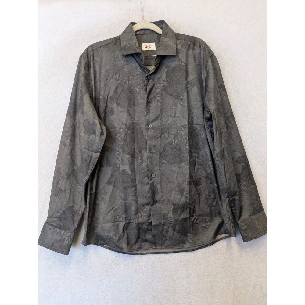 Sunday Joe Mens Gray Leaf Print Long Sleeve Button Front Shirt Small NEW